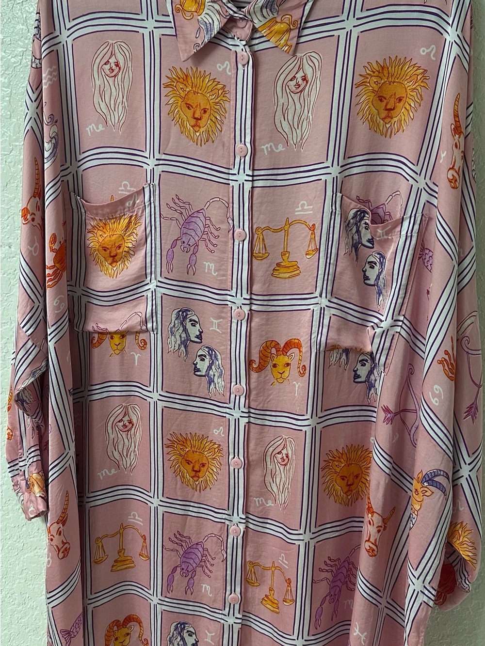 Corey Lynn Calter Zodiac Print Button Up Shirt Dress XL Pink Oversized - Picture 2 of 9